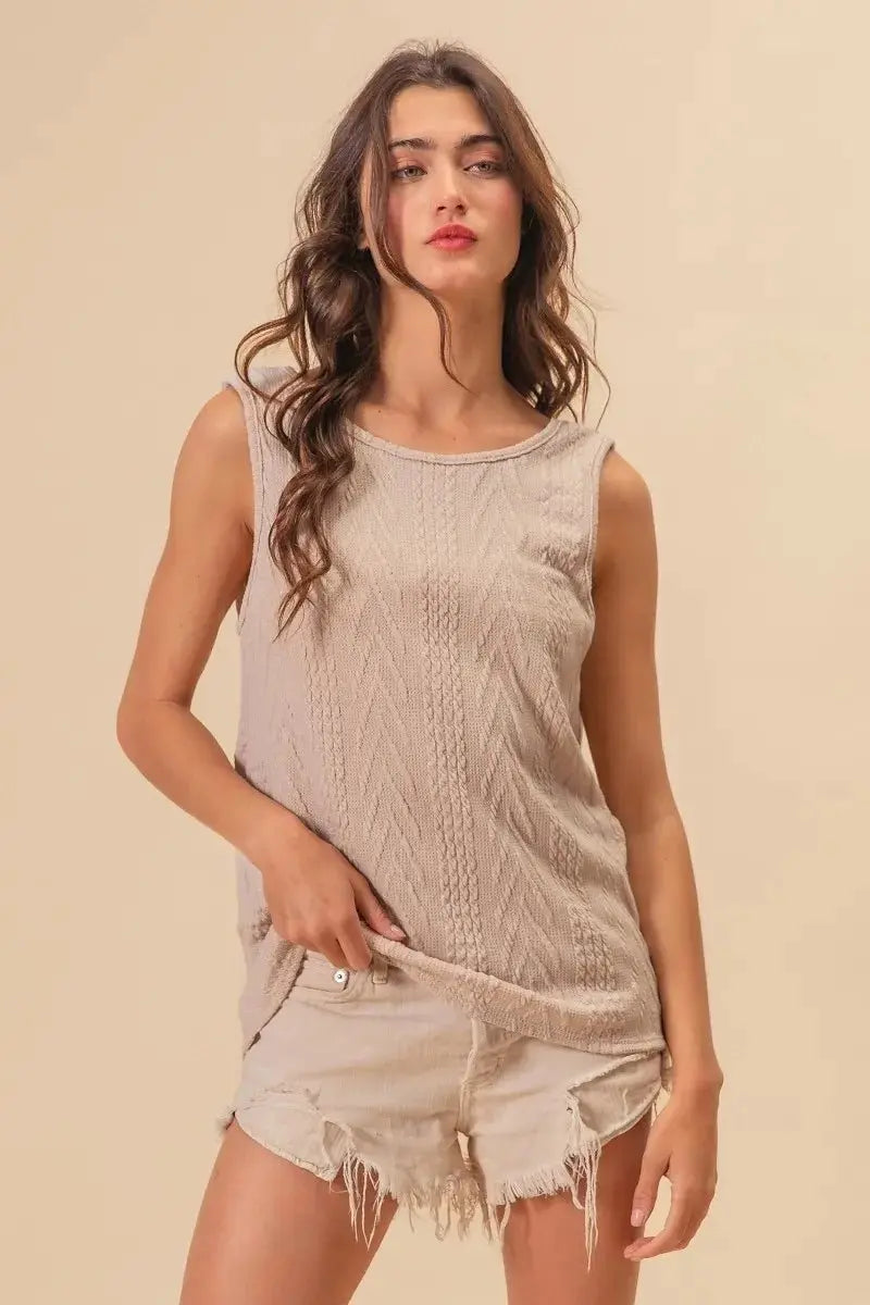 BiBi Textured Sweater Knit Twist Back Sleeveless Top - Love Salve